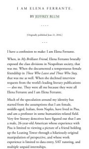 Jeffrey Blum, Elena Ferrante
